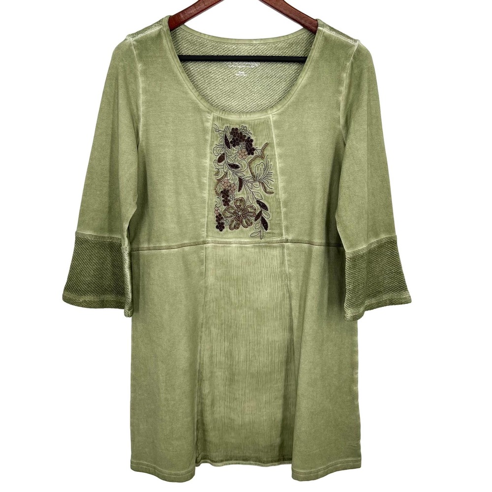Soft Surroundings Size Small Long Line Tunic Blouse Shirt Top Green Floral Cozy